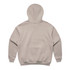 A beige hoodie with a back view, featuring a large hood and ribbed cuffs. The product has a logo.