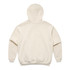 A cream-coloured hoodie with a large hood and ribbed cuffs and hem, featuring a logo.