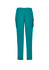 Teal women's slim leg scrub pants with side pockets and an elastic waistband. Features a logo on the waistband.