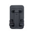 A black folding desktop mobile phone and tablet stand with adjustable hinges. It features a compact design.