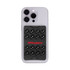A sleek black suction phone wallet attached to a light-coloured smartphone, featuring a logo and circular suction cups.