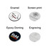 A round assortment of promotional product options in various finishes: enamel, screen print, epoxy doming, and engraving.