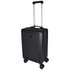 A black wheeled cabin trolley with a retractable handle and four wheels. It features a sleek design and a logo.