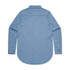 A blue denim button-up shirt with long sleeves and a rounded hemline, featuring a collar and buttoned cuffs.