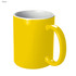 A yellow coffee mug with a glossy finish and a white interior, featuring a handle and a branding logo.