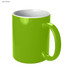 A light green coffee mug with a glossy finish and a contrasting white interior, featuring a handle and branding.