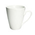 A white ceramic coffee mug with a tapered design and a curved handle. It features a logo on one side.