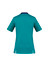 A teal women's scrub top with short sleeves and a navy collar, featuring side slits and a logo.