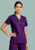 A purple women's scrub top with a V-neck design and contrasting trim, featuring two pockets.