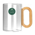 A glass coffee cup with a bamboo handle and a logo on the side. Clear design emphasises its modern look.