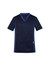 A navy blue men's scrub top with short sleeves and a v-neck design, featuring a pocket and detailing.