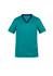 A teal scrub top with a navy collar and short sleeves, featuring a logo and a front pocket.