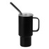 A drink tumbler in black with a handle, a straw, and a clear lid, featuring a logo.