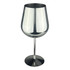 A stainless steel wine glass with a shiny silver finish and a tall stem. The design is sleek and modern.