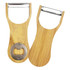 A drink bottle opener and peeler made from bamboo, featuring a silver metal blade and a circular opener.