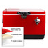 A red metal ice cooler box with a silver latch, featuring an insulated interior and a black base.