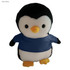 A navy blue penguin plush toy with a yellow beak and large black eyes, wearing a blue shirt.