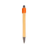 A bamboo stylus pen with an orange top and a silver tip, featuring a simple design and a branding logo.