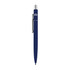 A navy blue metal pen featuring a silver clip and accents, with a branding logo.