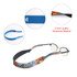 A glasses retainer featuring a colourful design with blue and black neoprene material, and a branding logo.