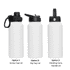 A drink bottle featuring a white body and three lid options: screw cap, flip top, and a rotating carry handle.