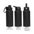 A drink bottle featuring a black 1L vacuum design with three lid options: screw cap, flip top, and rotating carry handle.