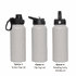 A drink bottle in grey featuring three lid options: a screw cap, a flip top, and a rotating carry handle.
