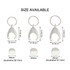 A teardrop-shaped trolley coin keyring in silver, available in three sizes, with a metal keyring attached.