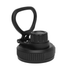 A drink bottle lid in black, featuring a screw-on design and a flip-top cap with a carrying handle.