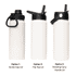 A drink bottle featuring three different lid options: screw cap, flip top, and rotating carry handle. Available in white.