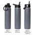 A drink bottle featuring a sleek grey design with three different lid options: screw cap, flip top, and rotating carry handle.