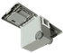 A grey cooler box with wheels, featuring a foldable table and chair. It has an integrated handle and a logo.