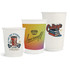 Three PLA double wall compostable paper cups in white featuring colourful designs and logos, with varying sizes and shapes.