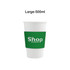 A white paper cup with a green sleeve featuring a logo, designed for hot or cold beverages.