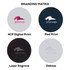 A circular product showcasing different branding options, featuring a mix of grey and black designs with a logo.