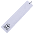 A white sandless golf towel featuring a logo, designed for leisure and outdoor activities.