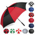 A large red and black golf umbrella with a sturdy handle, surrounded by various other umbrella colours and designs.