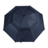 A navy golf umbrella with an octagonal shape and a black handle, featuring a logo on the canopy.