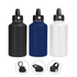 A drink bottle set featuring a black, navy, and white vacuum flask, each with different lid options and branding.