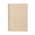 A beige spiral-bound notebook featuring a textured cover and black metal binding.