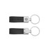 A black PU leather keyring with a metal clasp and ring. It features a logo on one side.