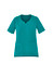 A women's scrub top in a teal colour with short sleeves and two front pockets. It features a round neckline and a logo.