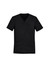 A black V-neck scrub top featuring short sleeves and multiple pockets, with a logo on the front.