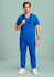 A man wearing a blue V-neck scrub top and matching trousers, holding a stethoscope, with a logo visible.