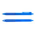A blue Flow Gel Pen with a textured grip, featuring a clip and a retractable tip. The pen has a logo.