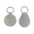A silver PU leather keyring featuring a round and a teardrop shape, with a metal ring for attachment.