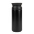 A double wall coffee cup in matte black, featuring a lid and a sleek, cylindrical design. It has a logo on the surface.