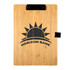 A bamboo A4 clipboard featuring a natural finish and a black clip, with a logo printed on the surface.