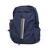 A navy blue backpack featuring a front zip pocket and side compartments for storage. It has a logo on it.