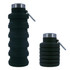 A drink bottle set featuring a collapsible design in black silicone and stainless steel accents, including a carabiner.